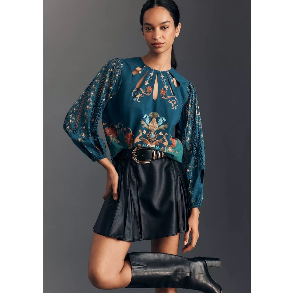 Farm Rio Cutout Blouse M Teal Blue Cutout Boho Peasant Anthropologie Romantic